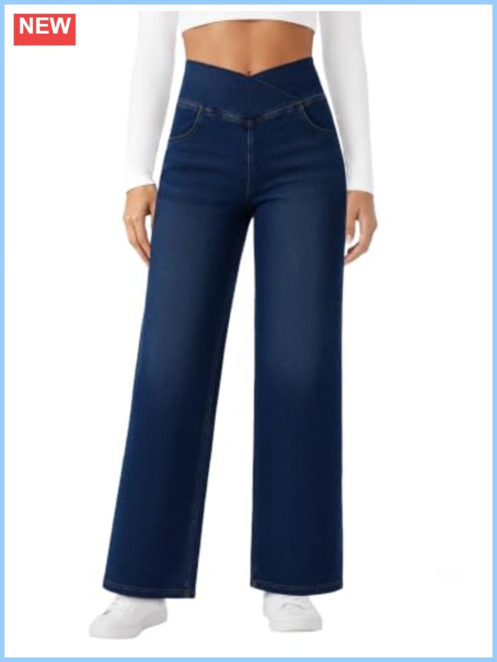 Wide Leg High Waist Crossover Stretchy Denim Jeans Pull On Pockets